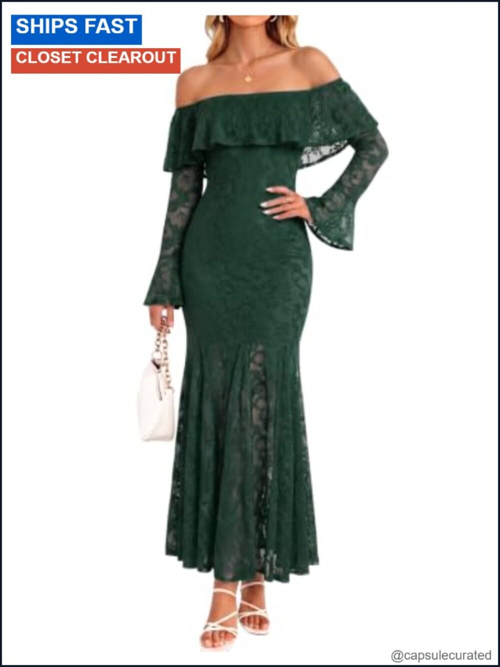 Women's Lace Off Shoulder Long Sleeve Maxi Dress Wedding Guest Mermaid